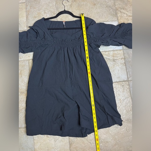 Free People S Black Cotton Mini Dress Tunic Square Neck Puff Sleeve Whimsigoth - Picture 10 of 11